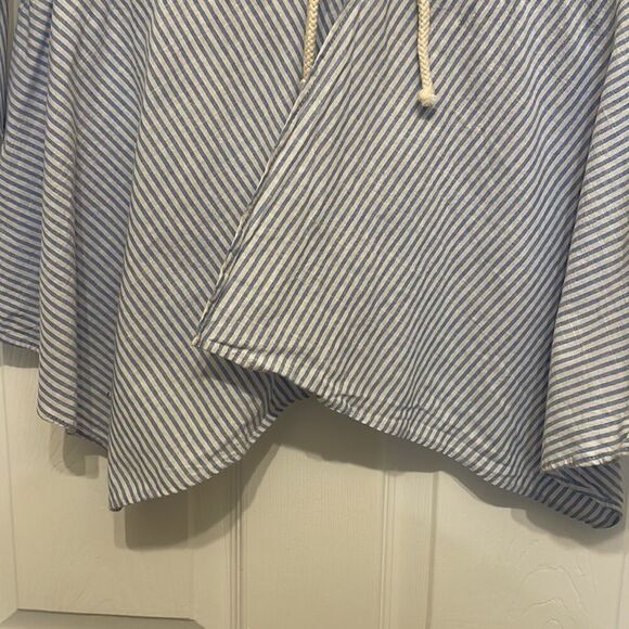 Zara Light Blue & White Striped Asymmetrical Hem Bell Sleeve Top with drawstring - Picture 4 of 7